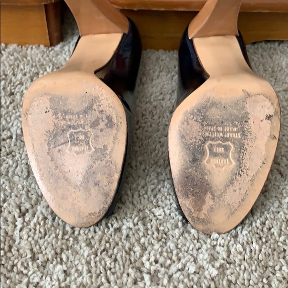 Stuart Weitzman Patent Leather Navy Peep Toe Wood Heel pump shoe EUC US 8 - Picture 7 of 15